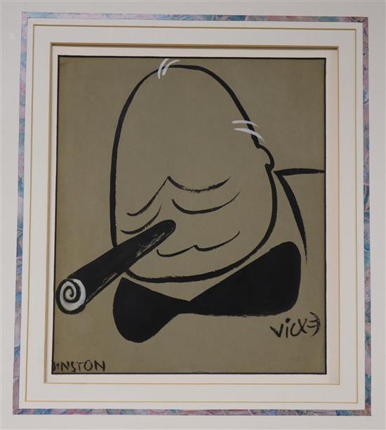 Victor Wiez, F.S.I.A, (1913-1966), ink on tinted paper, Winston, signed political cartoon of Sir Winston Churchill, 28 x 24cm